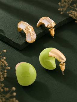 Zaveri Pearls - Green and White Enamel Contemporary Studs Earrings (Pack of 2)