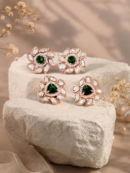 Zaveri Pearls - Green Cubic Zirconia Contemporary Studs Earrings (Pack of 2)