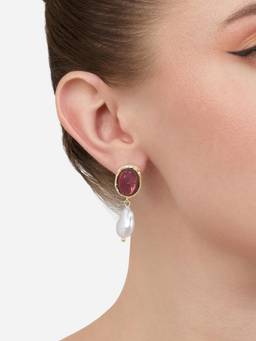 Zaveri Pearls - Pink Stone Embellish Contemporary Baroque Pearl Drop Earring