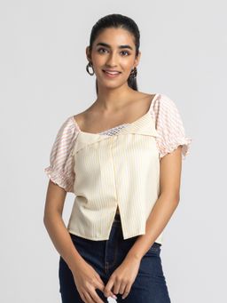 SHAYE - White Scoop Neck Asymmetric Stripe Printed Casual Tops For Women