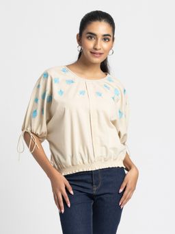 SHAYE - Beige Scoop Neck Embroidered Casual Tops For Women