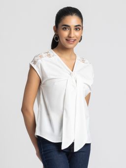 SHAYE - White V-Neck Solid Casual Tops For Women