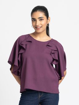 SHAYE - Purple Scoop Neck Solid Short Sleeves Casual Tops For Women
