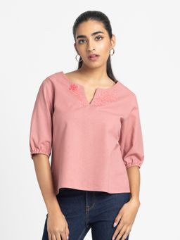 SHAYE - Pink Round Neck Embroidered Short Sleeves Casual Tops For Women