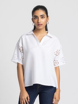 SHAYE - White Spread Collar Solid Casual Tops For Women