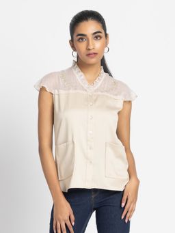 SHAYE - Beige V-Neck Embroidered Casual Tops For Women