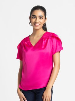 SHAYE - Fuchsia V-Neck Solid Short Sleeves Casual Tops For Women
