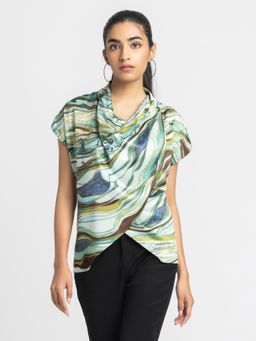 SHAYE - Green Cowl Neck Printed Casual Tops For Women