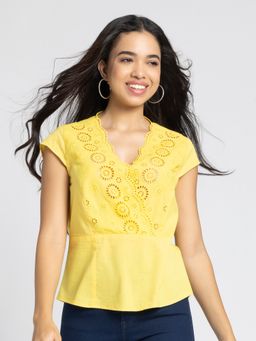 SHAYE - Yellow V-Neck Short Sleeves Casual Tops For Women