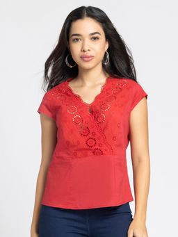 SHAYE - Red V-Neck Short Sleeves Casual Tops For Women