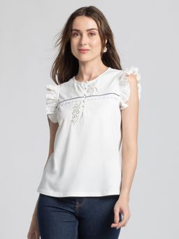 SHAYE - Round Neck White Embroidered Short Sleeves Casual Tops For Women