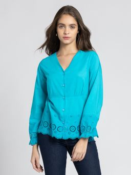 SHAYE - Blue V-Neck Full Sleeves Casual Tops For Women