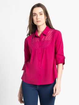 SHAYE - Top Shirt Collar Pink Solid Three-Quarter Sleeves Casual Tops For Women