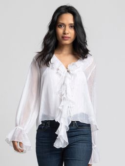 SHAYE - White V-Neck Solid Full Sleeves Casual Tops With Cami For Women (Set of 2)