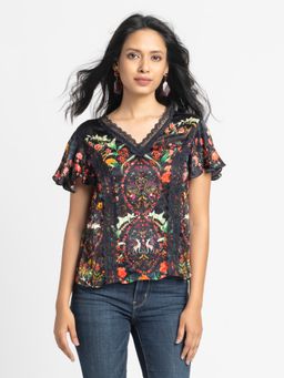 SHAYE - Black V-Neck Printed Short Sleeve Tops For Women