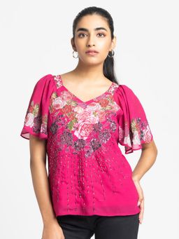 SHAYE - Pink V-Neck Printed Short Sleeves Casual Tops For Women