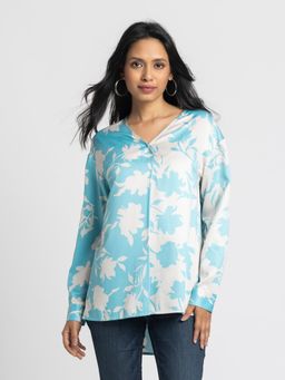 SHAYE - Blue V-Neck Printed Full Sleeves Casual Tops For Women