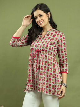 Rajnandini - Womens Grey And Magenta Pure Cotton Jaipuri Printed Tunic