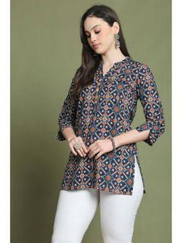 Rajnandini - Womens Navy Blue And Red Pure Cotton Jaipuri Printed Tunic