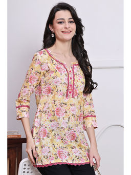Rajnandini - Womens Light Yellow And Light Pink Cotton Jaipuri Printed Tunic