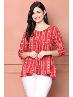 Rajnandini - Womens Red Pure Cotton Jaipuri Floral Striped Printed Short Top