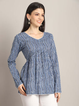 Rajnandini - Womens Blue Pure Cotton Striped Printed Short Top