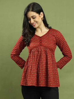 Rajnandini - Womens Maroon Pure Cotton Jaipuri Printed Short Top