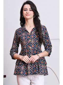 Rajnandini - Womens Navy Blue Cotton Jaipuri Printed Short Top