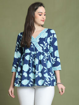 Rajnandini - Womens Blue Pure Cotton Jaipuri Printed Short Top