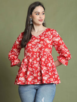Rajnandini - Womens Red Pure Cotton Jaipuri Printed Short Top