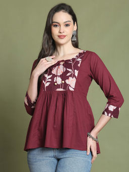 Rajnandini - Womens Wine Pure Cotton Jaipuri Printed Short Top