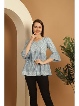 Rajnandini - Womens Sky Blue Pure Cotton Hand Painted Short Top