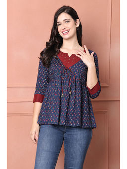 Rajnandini - Womens Navy Blue And Maroon Pure Cotton Jaipuri Printed Short Top