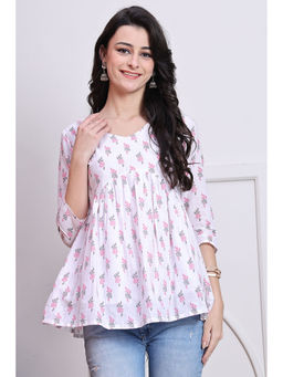 Rajnandini - Womens White Cotton Floral Printed Short Top