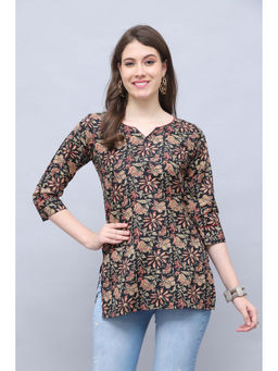 Rajnandini - Womens Black And Beige Cotton Blend Floral Printed Tunic