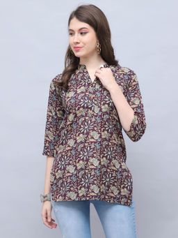 Rajnandini - Womens Wine And Beige Cotton Blend Floral Printed Tunic