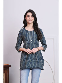 Rajnandini - Womens Teal And Beige Cotton Zig-Zag Printed Tunic