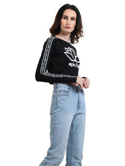 NOBARR - Black Full Sleeved Crew Neck Crop Printed Top For Women