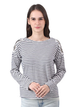 NOBARR - Womens Embroidered Sequence Patched Striped Drop Shoulder Top