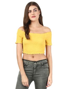 NOBARR - Womens Regular Fit Off-Shoulder Smocked Yellow Crop Top