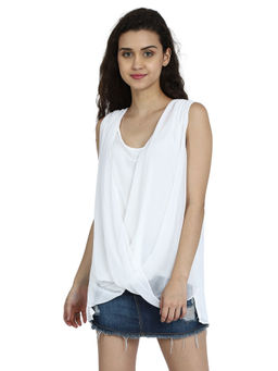 NOBARR - Womens Regular Fit Sleeveless Cross Front Cowl Drape Summer White Top