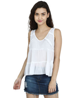 NOBARR - Womens Regular Fit Ruffle Sleeveless Summer White Tank Top