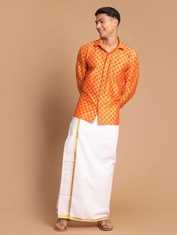 Vastramay - Mens Orange Poly Viscose Shirt with Mundu (Set of 2)