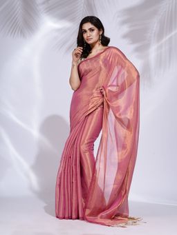 CHARUKRITI - Pink Tissue Handwoven Soft Saree with Unstitched Blouse