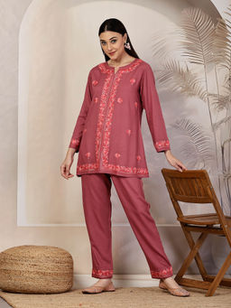 QAZMI - Womens Arisa Kashmiri Aari Work Pink Co-Ord Set