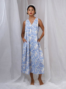 Chidiyaa - Megha White Blue Hand Block Printed Dress