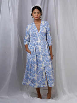 Chidiyaa - Neyra Ivory Blue Hand Block Printed Dress