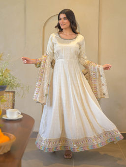 Label S4U - Ivory Brocade Anarkali Dress with Thread Embroidered Dupatta