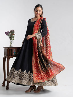 Label S4U - Black Embroidered Chinon Anarkali Dress with Banarasi Dupatta