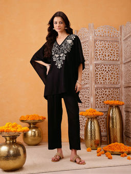 QAZMI - Parvin Kashmiri Zari Work Black Kaftan with Pant